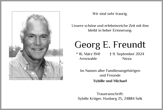 Traueranzeige von Georg Freundt von Schleswiger Nachrichten, Schlei-Bote