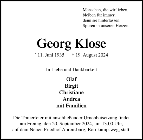 Traueranzeige von Georg Klose von Stormaner Tageblatt