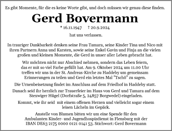 Traueranzeige von Gerd Bovermann von Schleswiger Nachrichten, Schlei-Bote