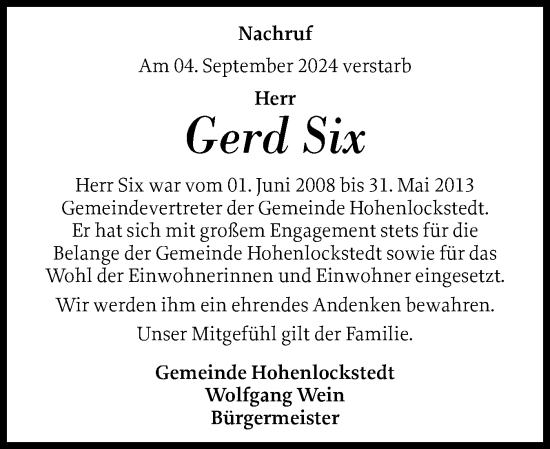 Traueranzeige von Gerd Six von Norddeutsche Rundschau, Wilstersche Zeitung, Glückstädter Fortuna