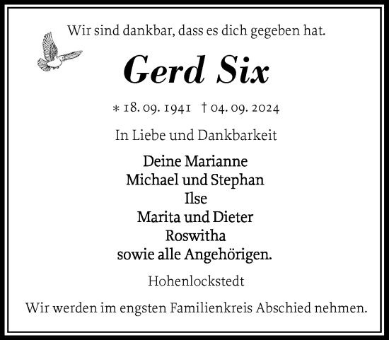Traueranzeige von Gerd Six von Norddeutsche Rundschau, Wilstersche Zeitung, Glückstädter Fortuna