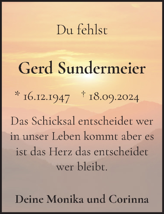 Traueranzeige von Gerd Sundermeier von Flensburger Tageblatt
