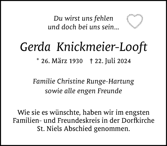 Traueranzeige von Gerda Knickmeier-Looft von Sylter Rundschau