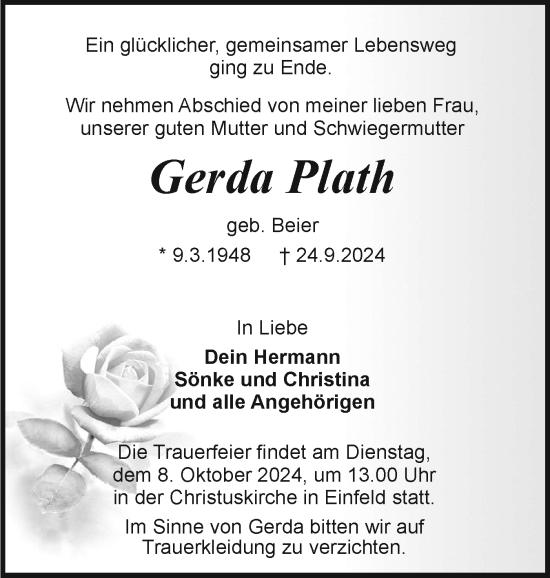 Traueranzeige von Gerda Plath von Holsteinischer Courier