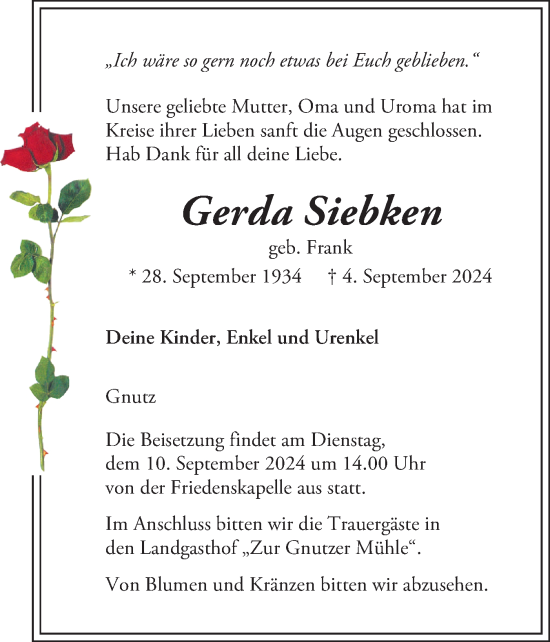 Traueranzeige von Gerda Siebken von Schleswig-Holsteinische Landeszeitung