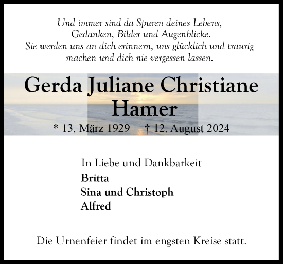 Traueranzeige von Gerda Juliane Christiane Hamer von Ostholsteiner Anzeiger