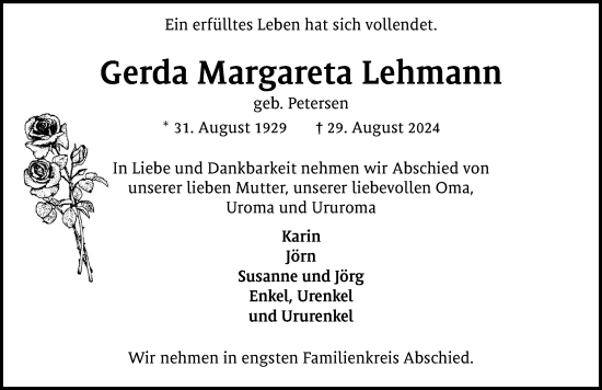 Traueranzeige von Gerda Margareta Lehmann von Wedel-Schulauer Tageblatt, tip Wedel-Schulauer Tageblatt, tip Rissener Rundschau