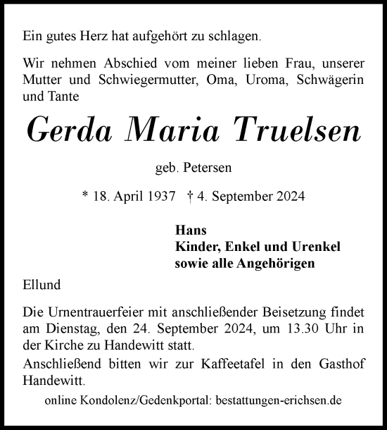 Traueranzeige von Gerda Maria Truelsen von Region Flensburg
