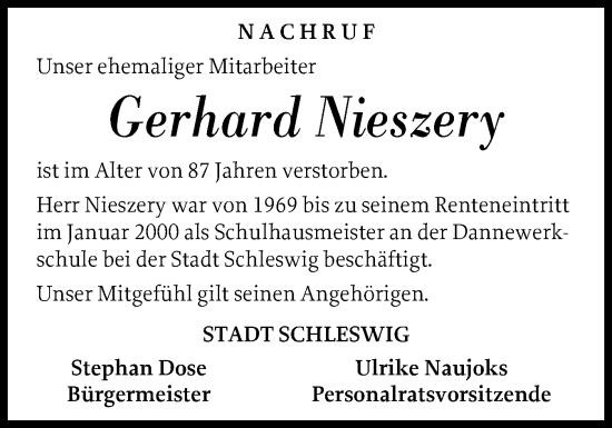 Traueranzeige von Gerhard Nieszery von Schleswiger Nachrichten, Schlei-Bote