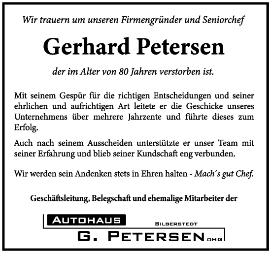 Traueranzeige von Gerhard Petersen von Region Flensburg