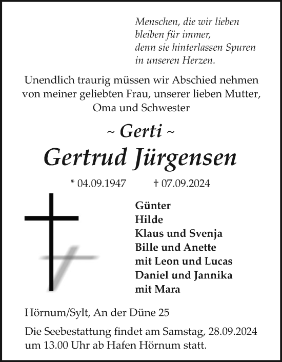 Traueranzeige von Gertrud Jürgensen von Sylter Rundschau