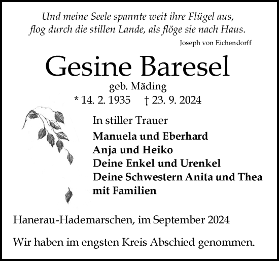 Traueranzeige von Gesine Baresel von Schleswig-Holsteinische Landeszeitung