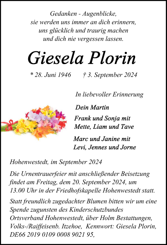 Traueranzeige von Giesela Plorin von Schleswig-Holsteinische Landeszeitung