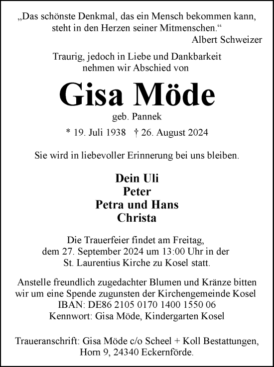Traueranzeige von Gisa Möde von Eckernförder Zeitung, Hallo Eckernförde