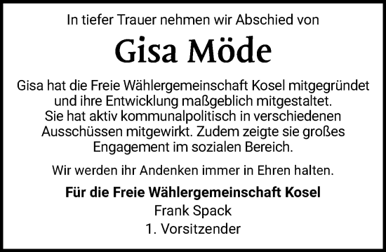 Traueranzeige von Gisa Möde von Eckernförder Zeitung, Hallo Eckernförde
