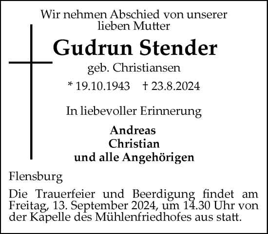 Traueranzeige von Gudrun Stender von Flensburger Tageblatt