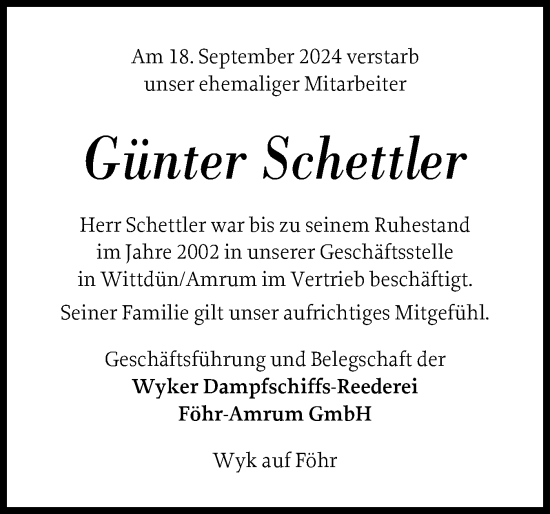Traueranzeige von Günter Schettler von Region Westküste