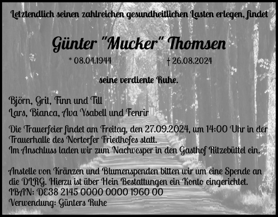 Traueranzeige von Günter Thomsen von Schleswig-Holsteinische Landeszeitung