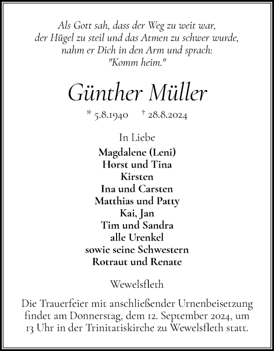 Traueranzeige von Günther Müller von Norddeutsche Rundschau, Wilstersche Zeitung, Glückstädter Fortuna