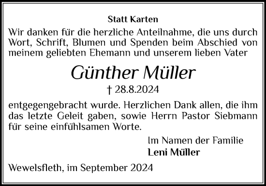 Traueranzeige von Günther Müller von Norddeutsche Rundschau, Wilstersche Zeitung, Glückstädter Fortuna