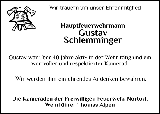 Traueranzeige von Gustav Schlemminger von Norddeutsche Rundschau, Wilstersche Zeitung, Glückstädter Fortuna