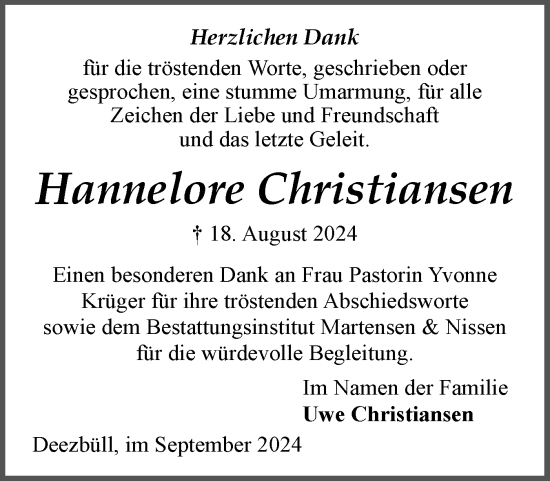 Traueranzeige von Hannelore Christiansen von Husumer Nachrichten, Nordfriesland Tageblatt