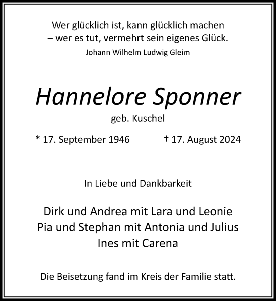 Traueranzeige von Hannelore Sponner von Stormaner Tageblatt