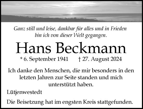 Traueranzeige von Hans Beckmann von Schleswig-Holsteinische Landeszeitung