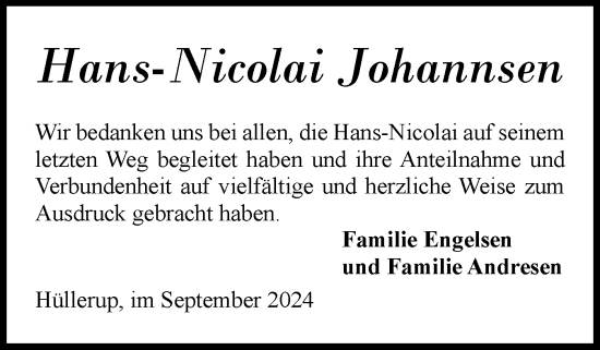 Traueranzeige von Hans-Nicolai Johannsen von Flensburger Tageblatt