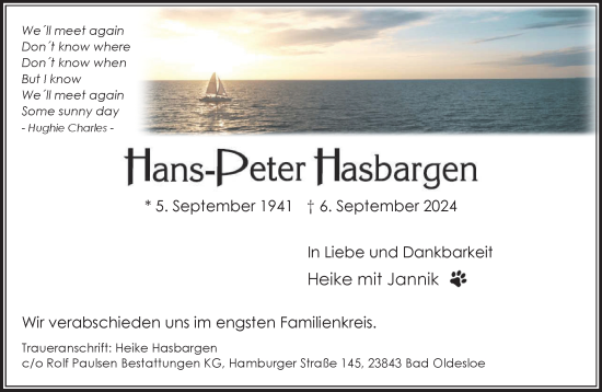 Traueranzeige von Hans-Peter Hasbergen von Stormaner Tageblatt