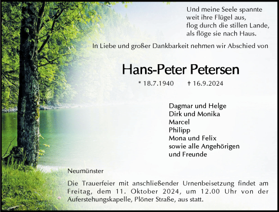 Traueranzeige von Hans-Peter Petersen von Holsteinischer Courier