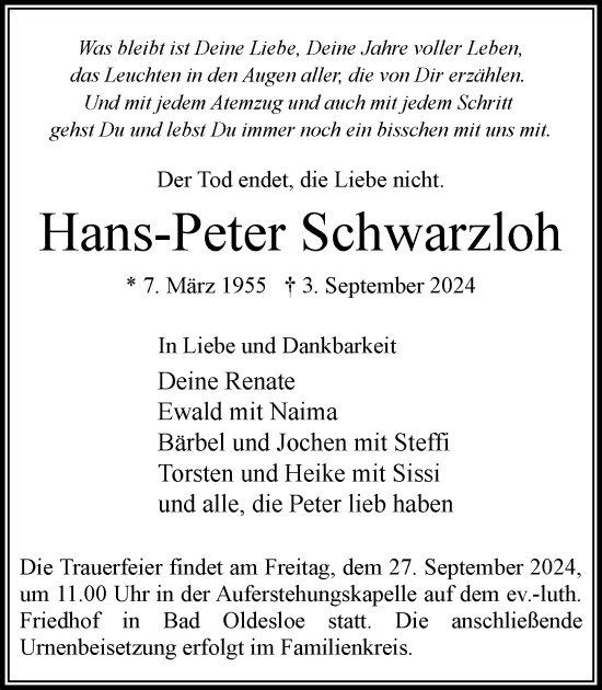 Traueranzeige von Hans-Peter Schwarzloh von Stormaner Tageblatt