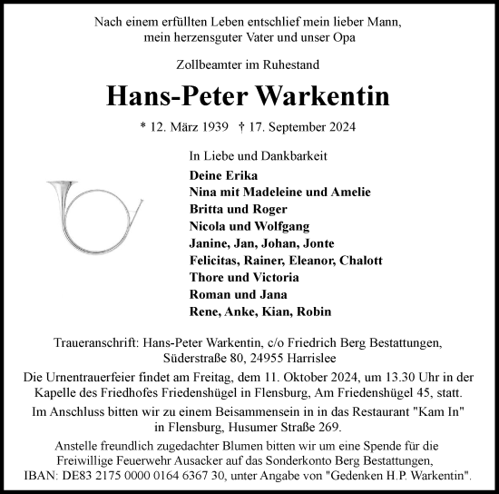 Traueranzeige von Hans-Peter Warkentin von Flensburger Tageblatt