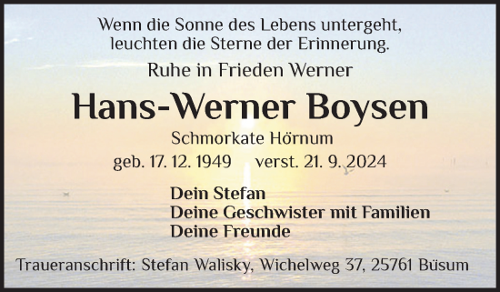 Traueranzeige von Hans-Werner Boysen von Sylter Rundschau