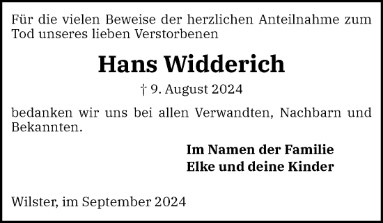 Traueranzeige von Hans Widderich von Norddeutsche Rundschau, Wilstersche Zeitung, Glückstädter Fortuna