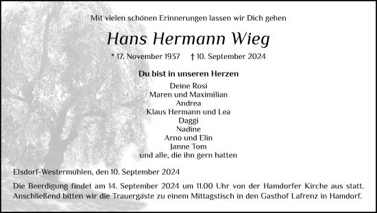 Traueranzeige von Hans Hermann Wieg von Schleswig-Holsteinische Landeszeitung