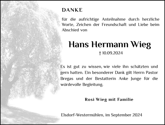 Traueranzeige von Hans Hermann Wieg von Schleswig-Holsteinische Landeszeitung