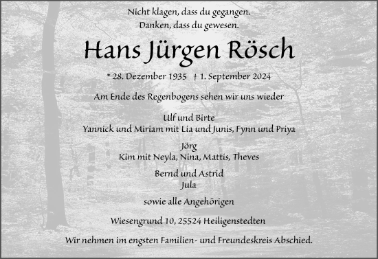 Traueranzeige von Hans Jürgen Rösch von Norddeutsche Rundschau, Wilstersche Zeitung, Glückstädter Fortuna