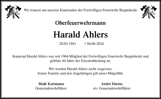Traueranzeige von Harald Ahlers von Stormaner Tageblatt