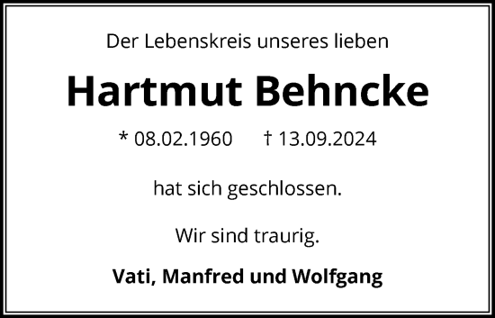 Traueranzeige von Hartmut Behncke von Eckernförder Zeitung, Hallo Eckernförde