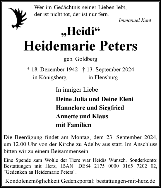 Traueranzeige von Heidemarie Peters von Flensburger Tageblatt
