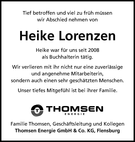 Traueranzeige von Heike Lorenzen von Flensburger Tageblatt