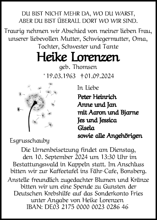 Traueranzeige von Heike Lorenzen von Flensburger Tageblatt