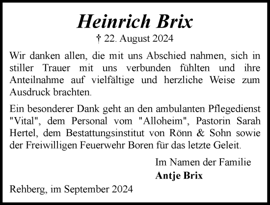 Traueranzeige von Heinrich Brix von Schleswiger Nachrichten, Schlei-Bote