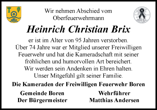 Traueranzeige von Heinrich Christian Brix von Schleswiger Nachrichten, Schlei-Bote