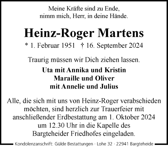 Traueranzeige von Heinz-Roger Martens von Stormaner Tageblatt