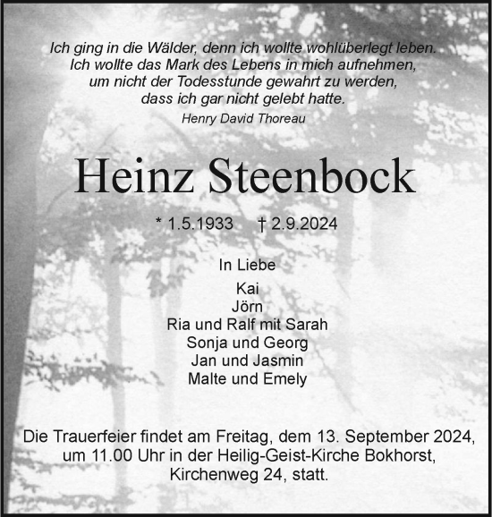 Traueranzeige von Heinz Steenbock von Holsteinischer Courier