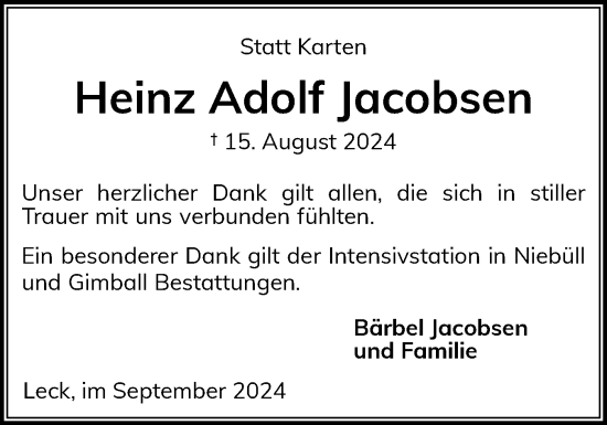 Traueranzeige von Heinz Adolf Jacobsen von Husumer Nachrichten, Nordfriesland Tageblatt