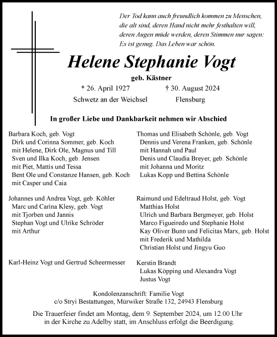 Traueranzeige von Helene Stephanie Vogt von Flensburger Tageblatt