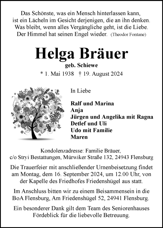 Traueranzeige von Helga Bräuer von Flensburger Tageblatt
